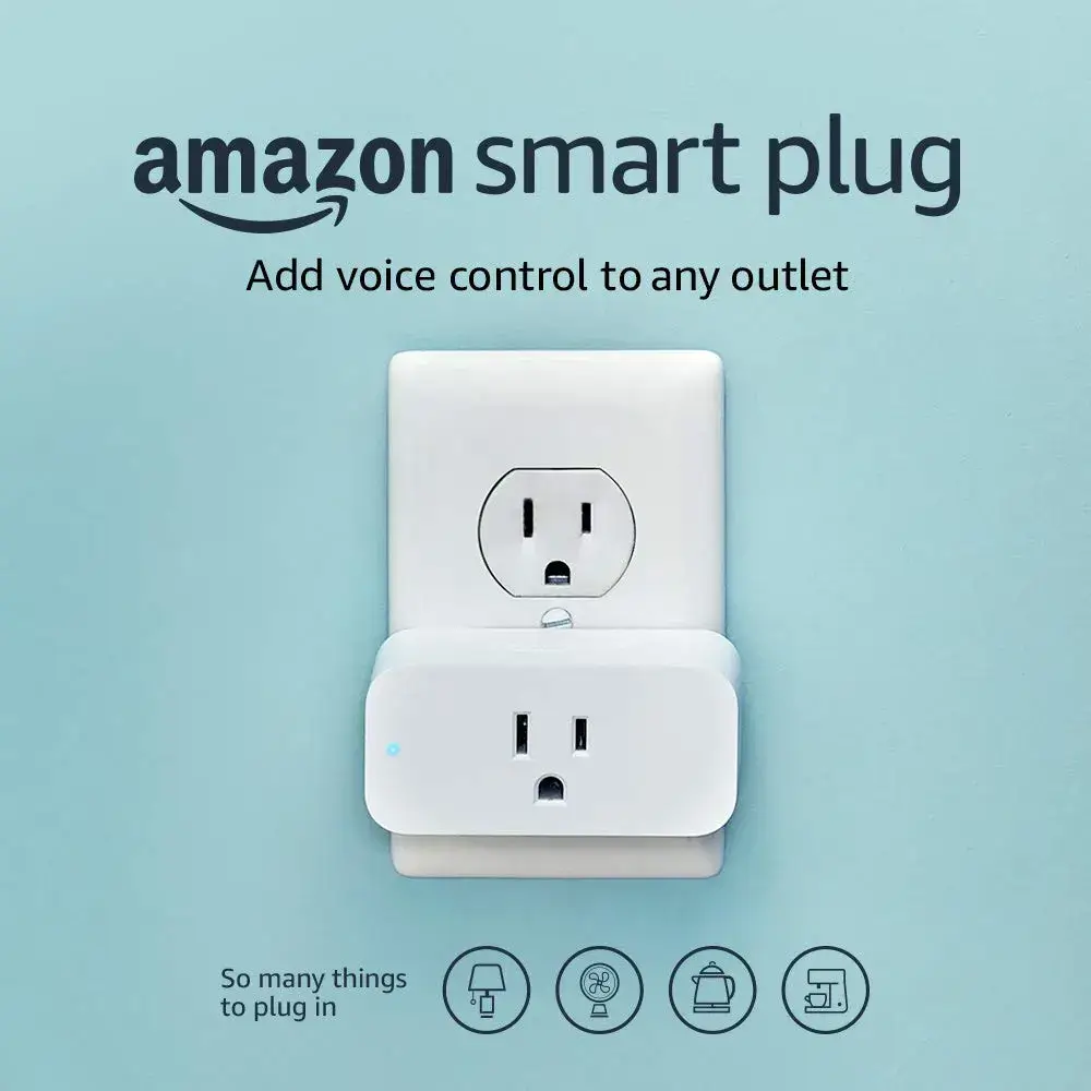 White Amazon Smart Plug with the text 'add voice to any outlet'. Includes images of a lamp, fan, kettle, and coffee maker at the bottom with the text 'So many things to plug in'