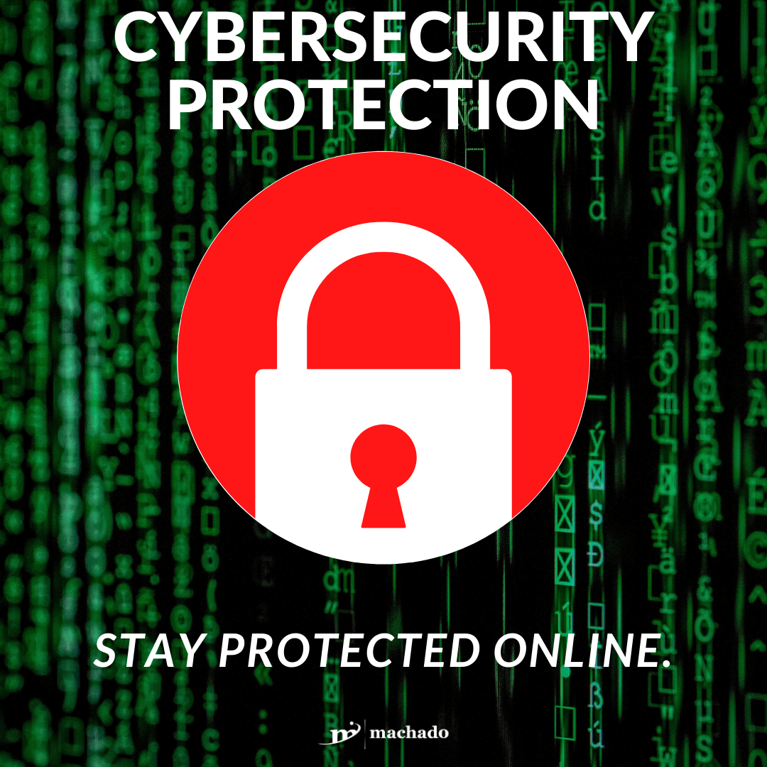 'Cybersecurity Protection stay protected online' in white lettering. There is a red and white lock, all text and images sit on green coding.