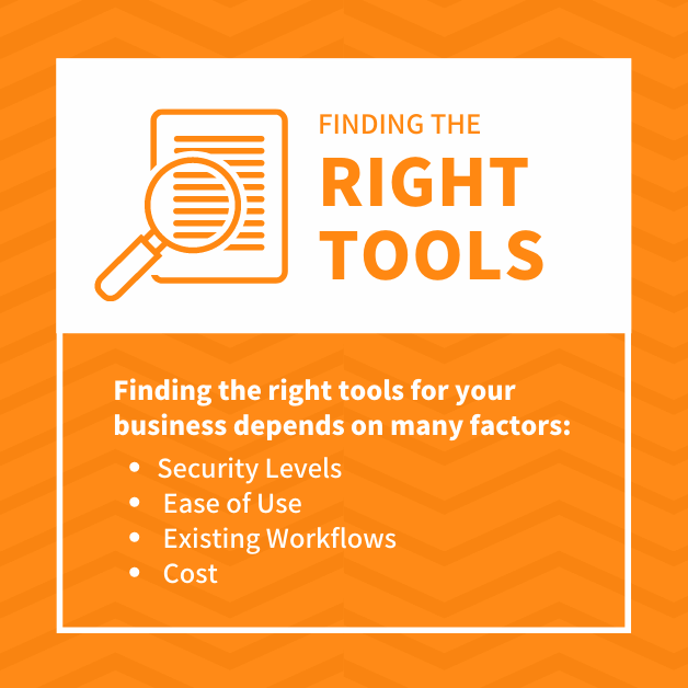 Finding the right tools for your business depends on many factors: - Security Levels - Ease of Use - Existing Workflows - Cost