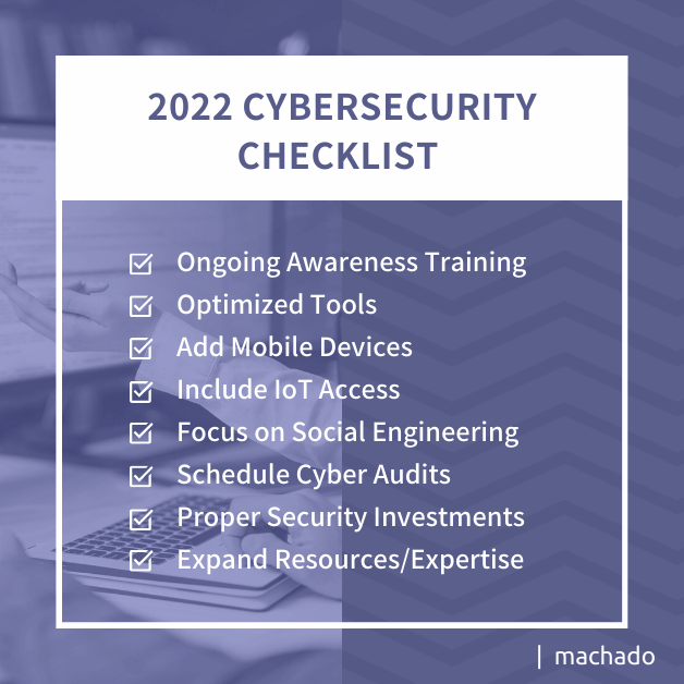 2022 Cybersecurity Checklist Ongoing Awareness Training Optimized Tools Add Mobile Devices Include IoT Access Focus on Social Engineering Schedule Cyber Audits Proper Security Investments Expand Resources/Expertise
