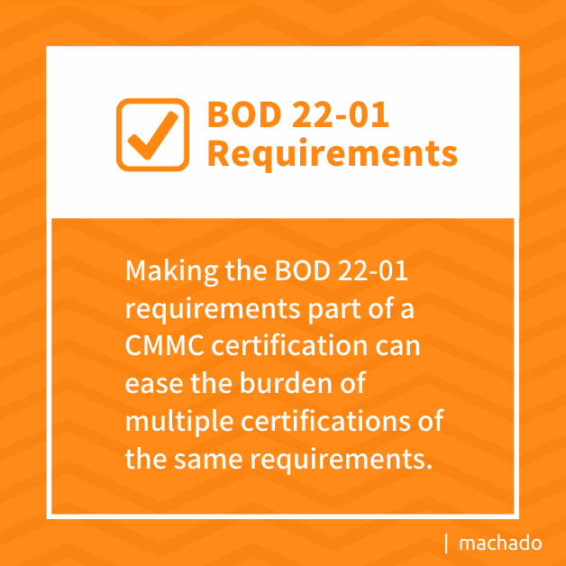 BOD 22-01 Requirements: Making the BOD 22-01 requirements part of a CMMC certification can ease the burden of multiple certifications of the same requirements.