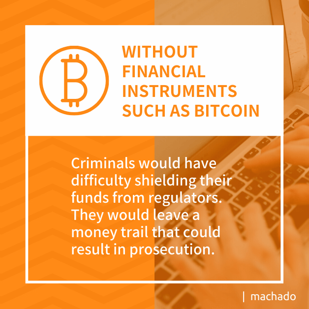Without financial instruments such as Bitcoin, criminals would have difficulty shielding their funds from regulators. They would leave a money trail that could result in prosecution.