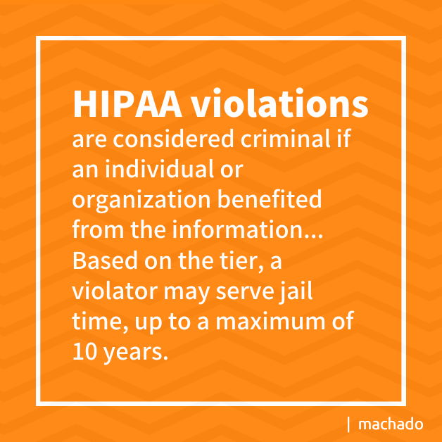 HIPAA violations are considered criminal if an individual or organization benefited from the information...Based on the tier, a violator may serve jail time up to a maximum of 10 years.