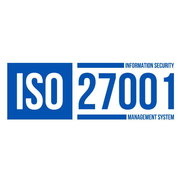 White and blue information security management system logo with the number 27001 in the center